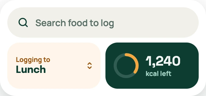 Quick Log home-screen widget with food search, meal selection, and calories left today
