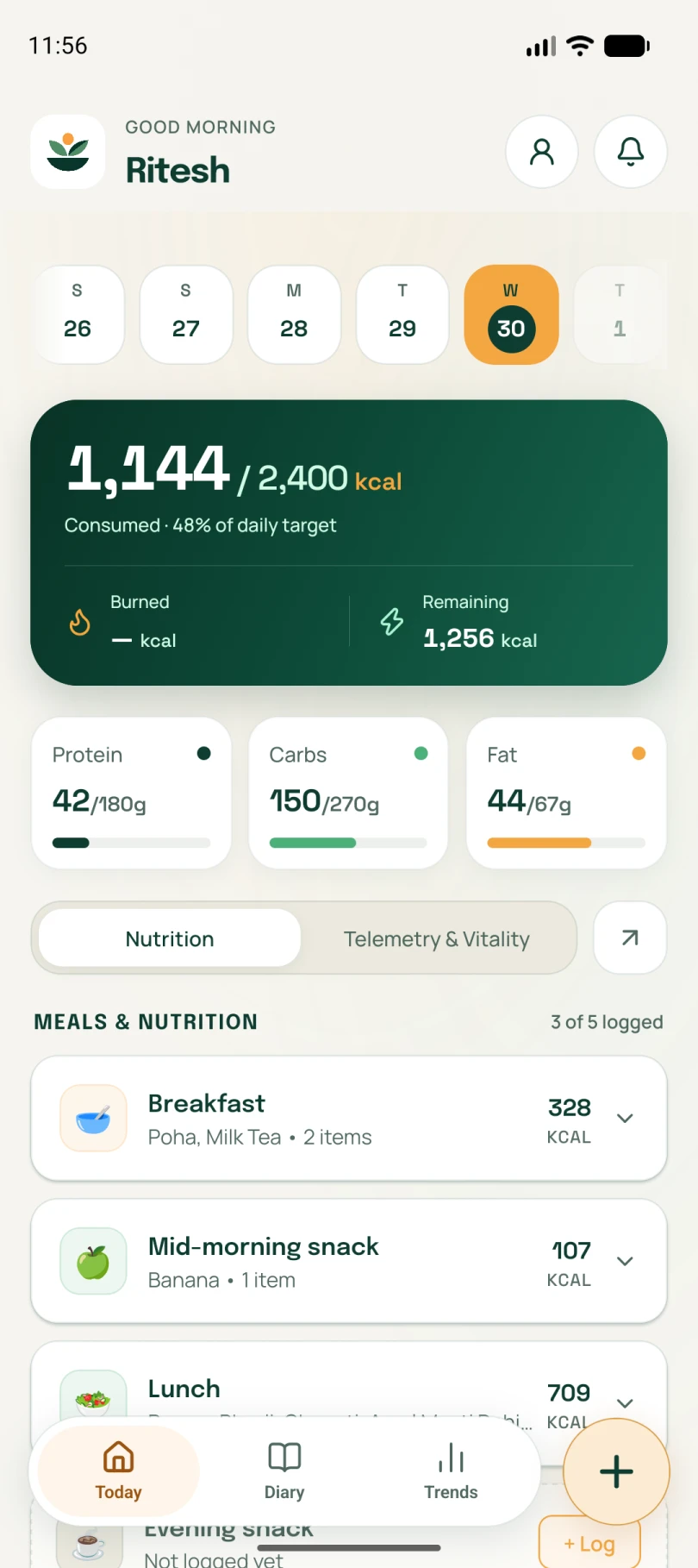 Neyvi home screen with daily calorie and macro tracking