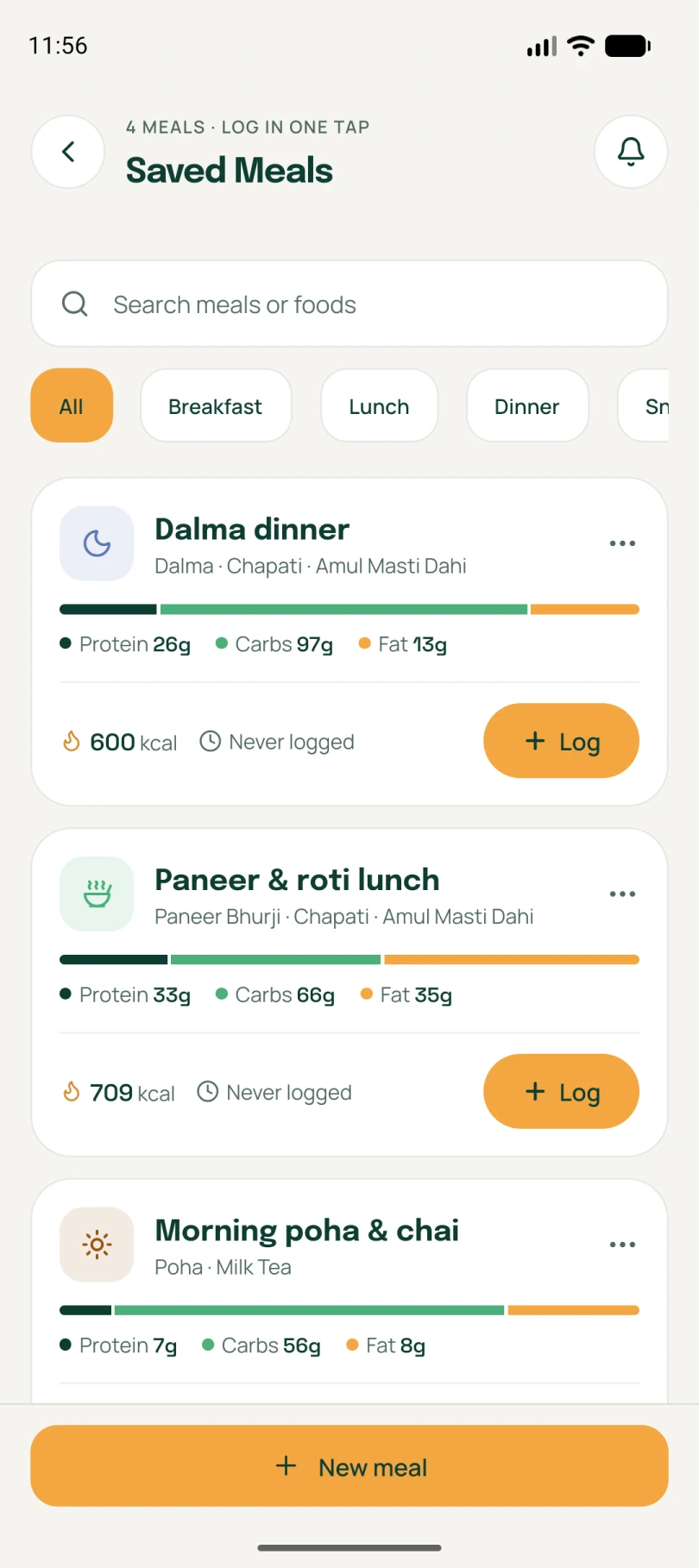 Saved meals in the Neyvi app